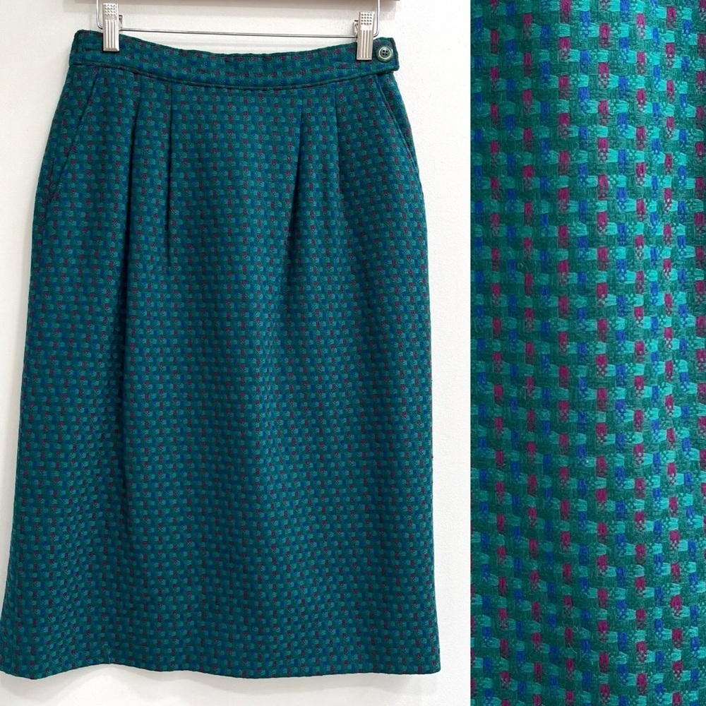 Vintage Miss Pendleton 100% Virgin Wool Midi Skirt Blue Green Basket Weave Knit